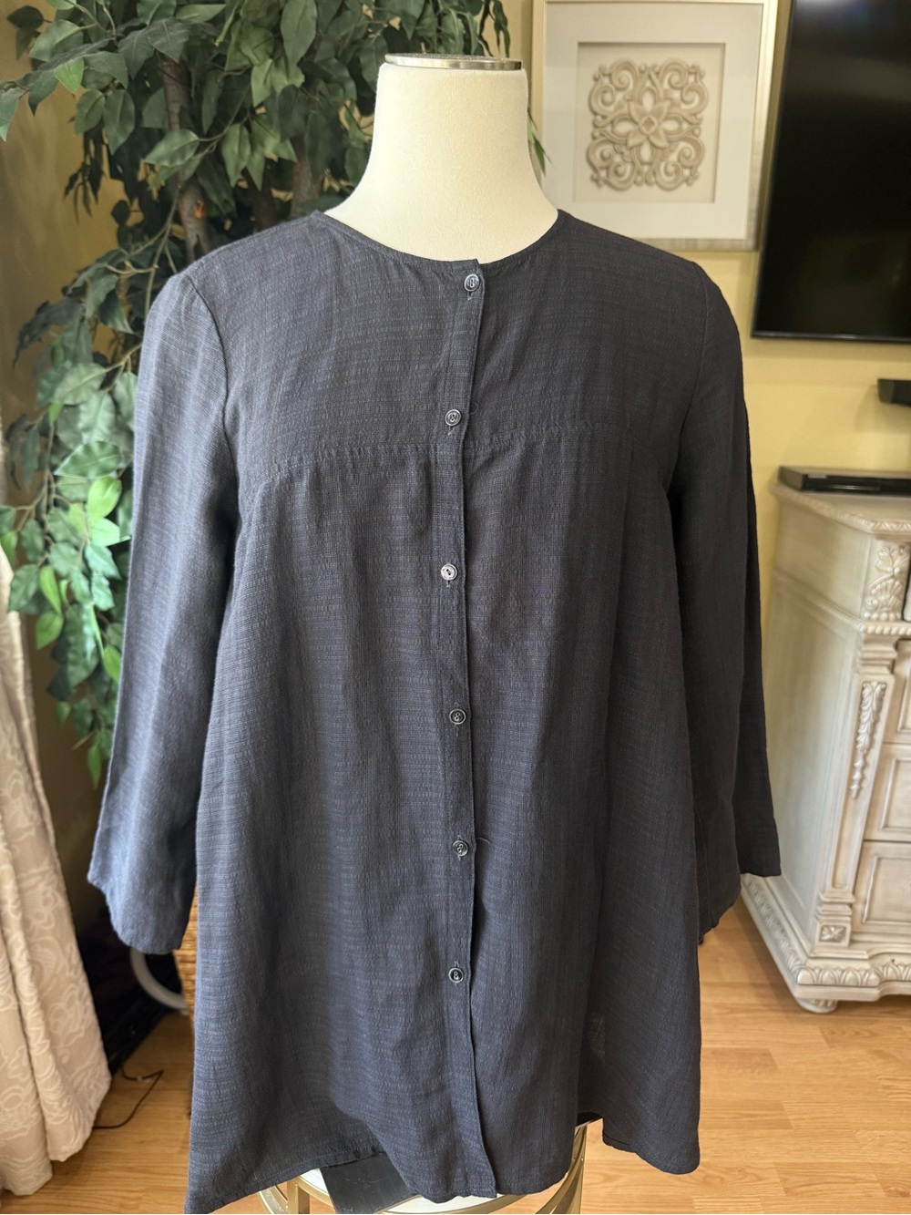 Eileen Fisher Petite PS Black Linen Blend Button Front Tunic Blouse Top
